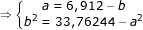 \dpi{80} \fn_jvn \small \Rightarrow \left\{\begin{matrix} a=6,912-b & \\ b^{2} =33,76244-a^{2}& \end{matrix}\right.